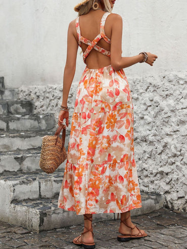 Crisscross Printed Square Neck Midi Dress.