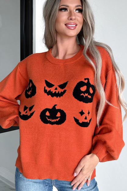 Spooky pumpkin face drop shoulder sweater for Halloween fun