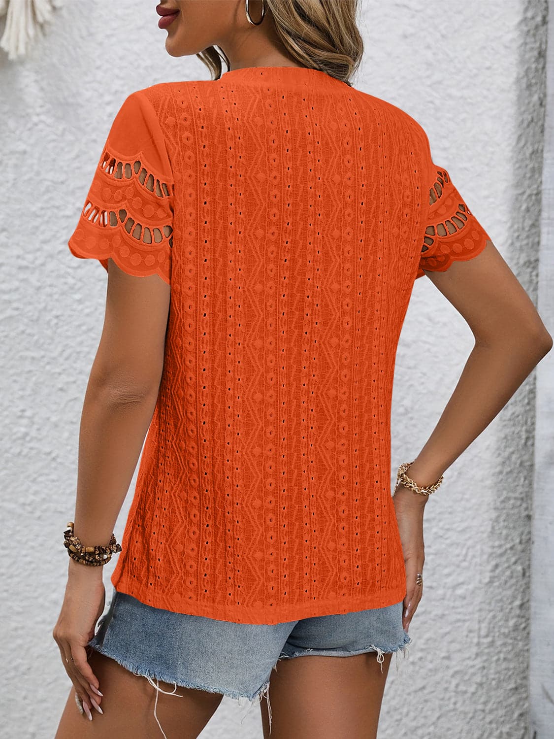 Full Size Eyelet Round Neck Short Sleeve Top.