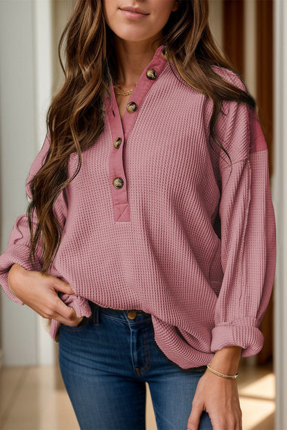 Half Button Long Sleeve TopFeatures: Buttoned
Sheer: Opaque
Stretch: No stretch
Material composition: 75% polyester, 25% cotton
Care instructions: Machine wash cold. Tumble dry low.
Imported

Love Salve Half Button Long Sleeve TopShirts