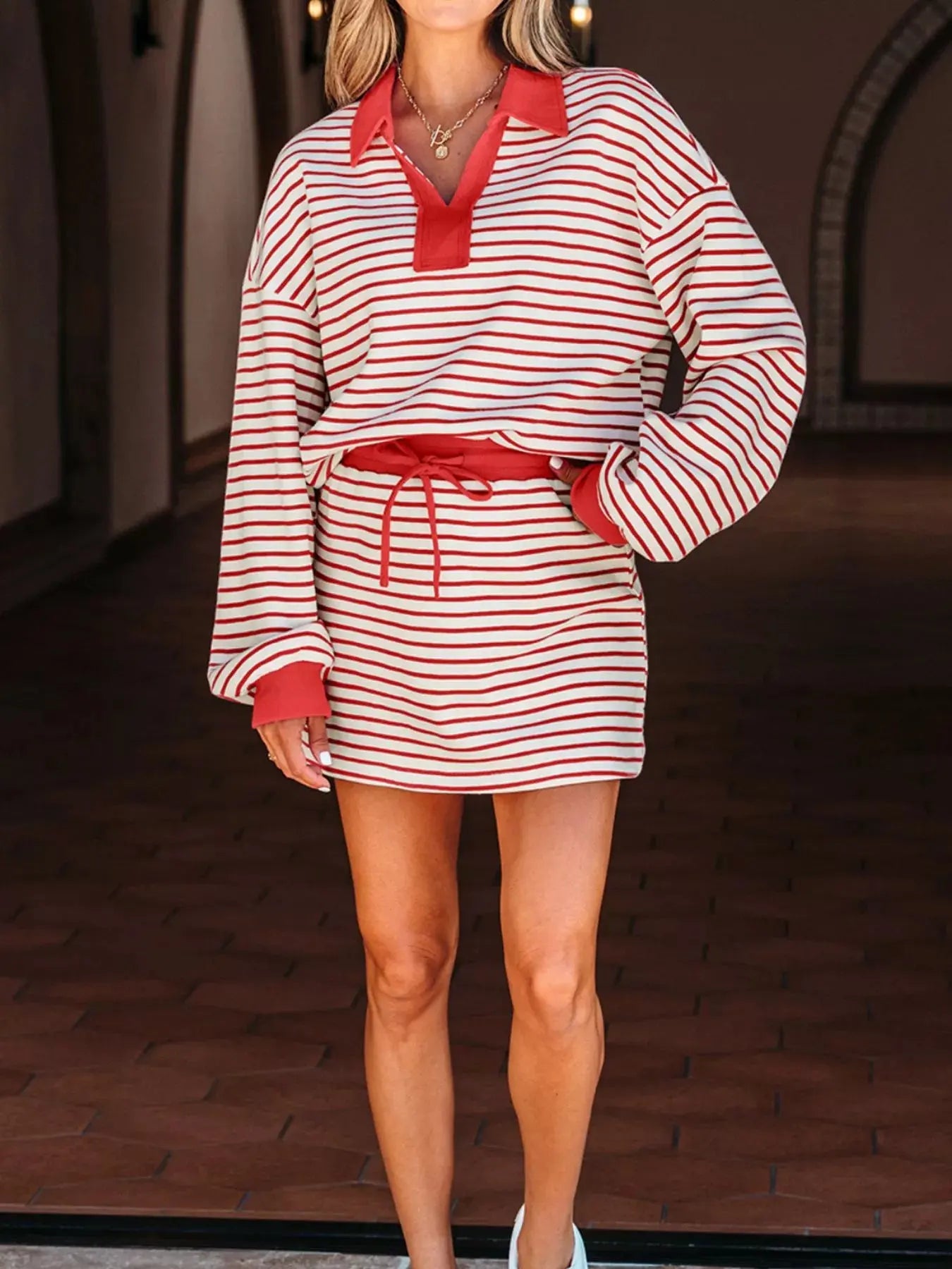 Stripe Collared V Neck Drop Shoulder Pullover and Skort 2pcs Outfit Simply Love