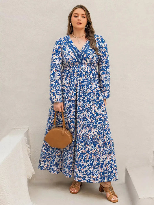 Plus Size Floral Print V Neck Long Sleeve Maxi Dress Ruched Bodice Polyester Simply Love