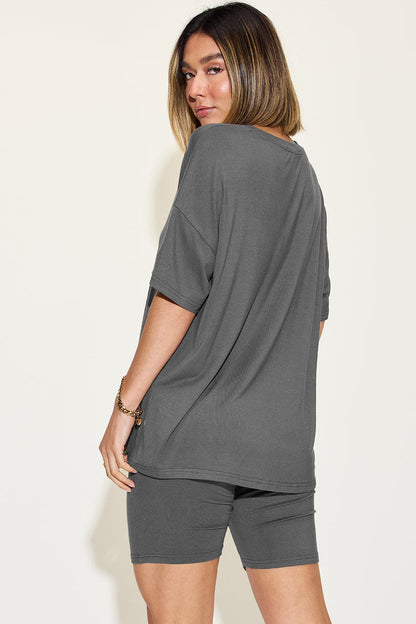 Basic Bae Full Size V-Neck Drop Shoulder T-Shirt and Shorts Set.