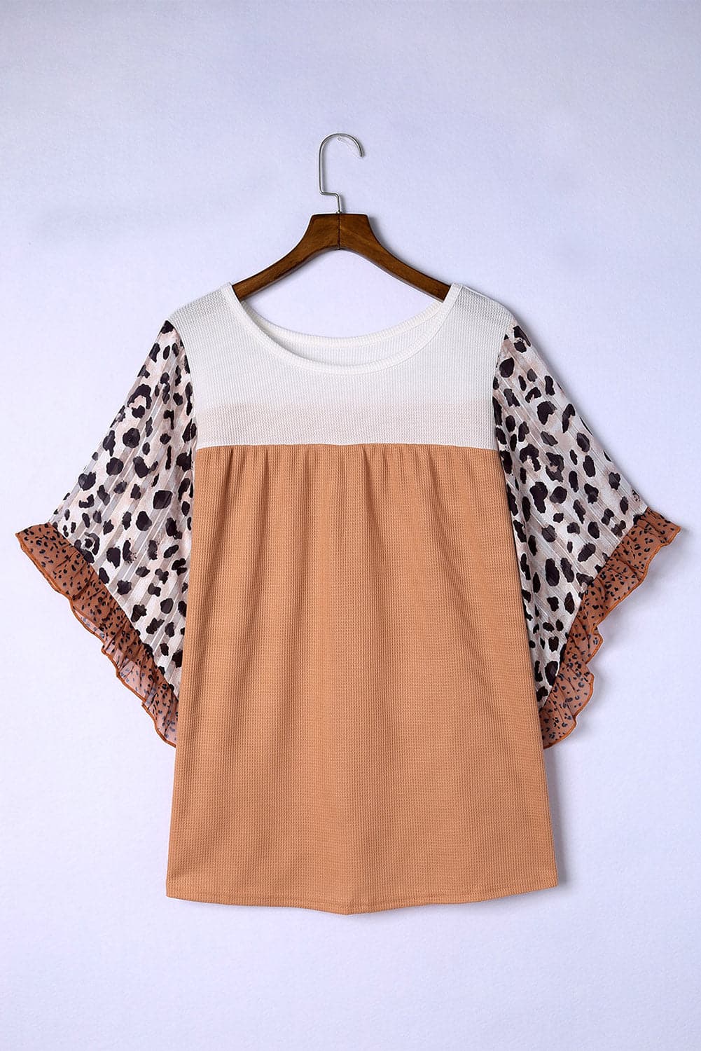 Plus Size Printed Color Block Ruffled Blouse.