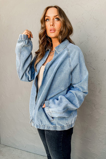 Myosotis Elastic Edge Collared Denim Jacket With Pocket