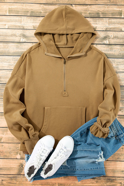 Brown Fleece Lined Half Zipper Kangaroo Pockets Loose Hoodie