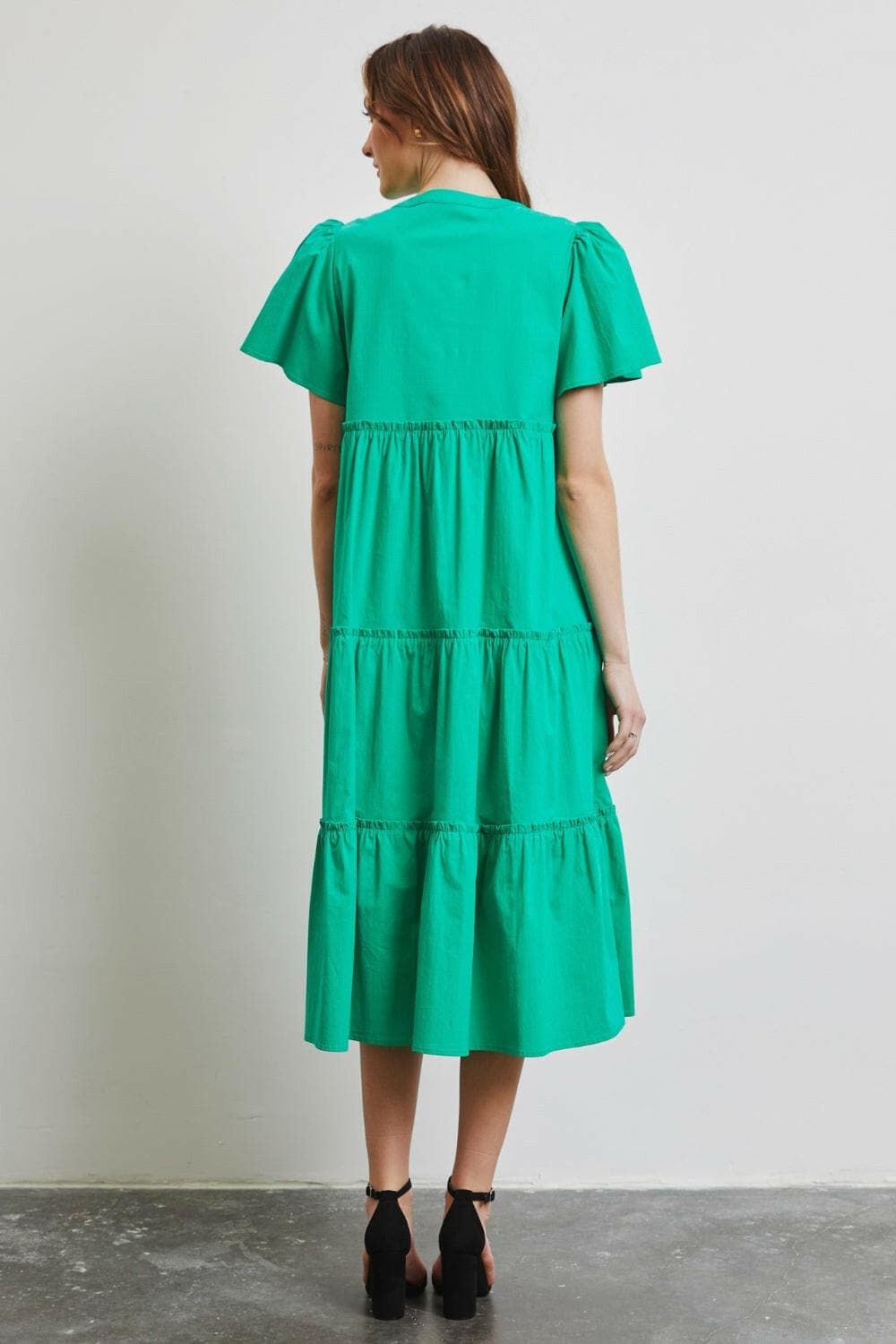 HEYSON Full Size Cotton Poplin Ruffled Tiered Midi Dress.