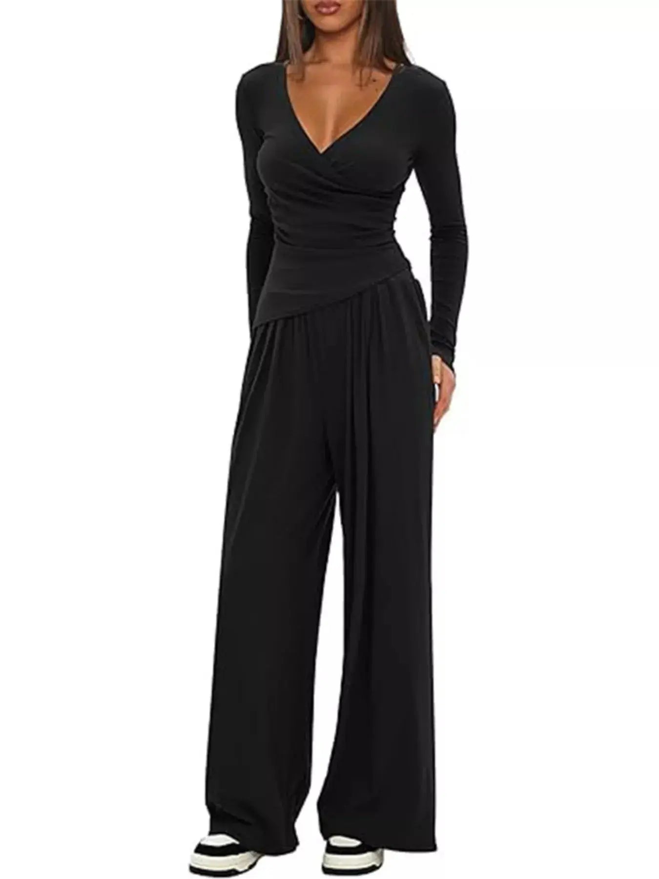 Casual Brown Long Sleeve Wrap Top And Wide Leg Pants Two-Piece Set Simply Love