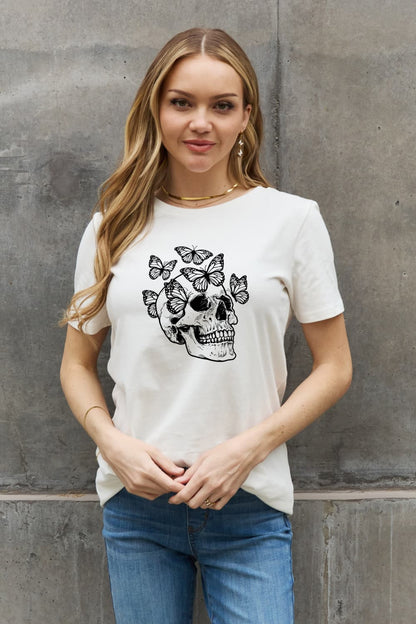 Chic butterfly skull graphic cotton t-shirt