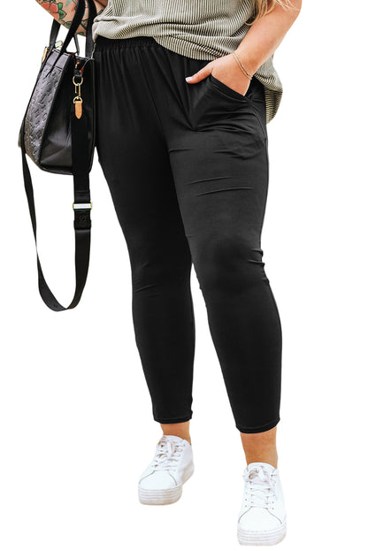 Elegant black plus size high waist frill soft pants with pockets