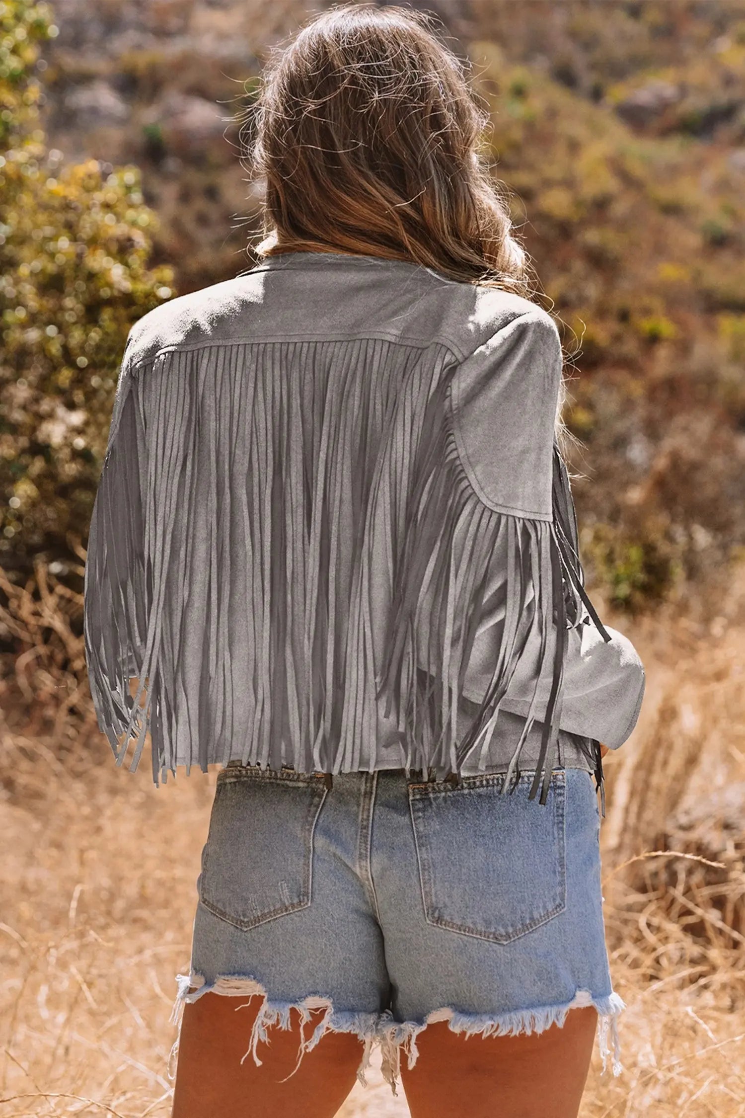 Gray Cropped Fringe Faux Suede Jacket For Women Lightweight Casual Dear-Lover Dropshipping