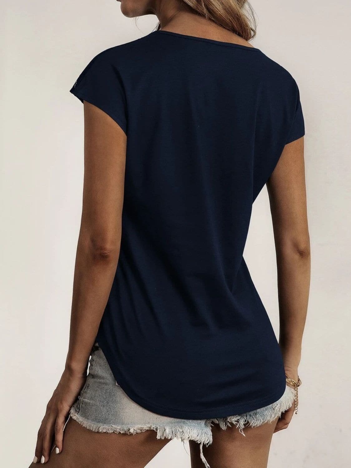 Lace Detail Half Zip Cap Sleeve T-Shirt.