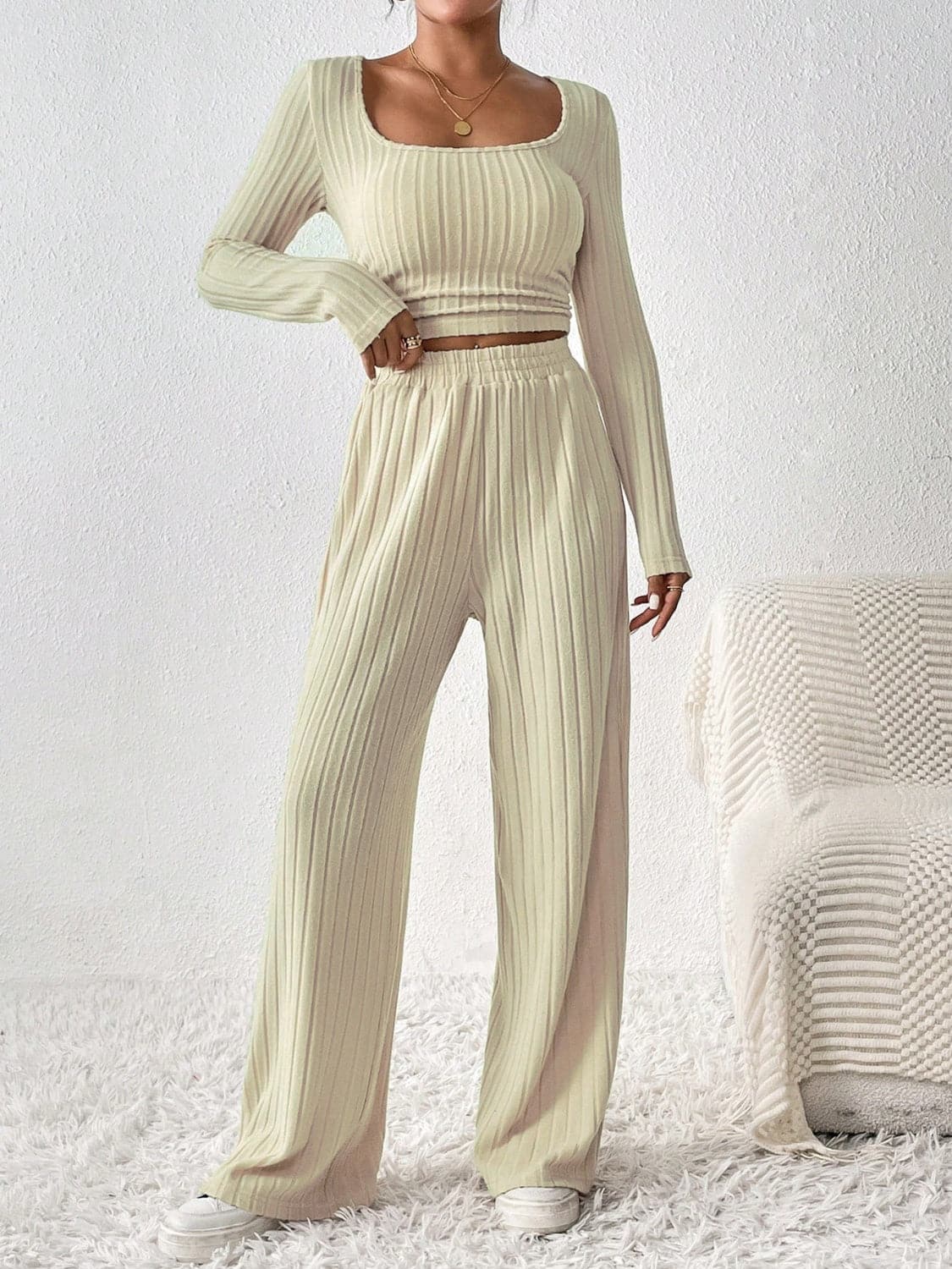 Cozy scoop neck long sleeve top and matching pants set