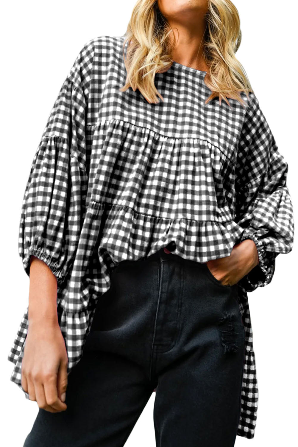 Black Checkered Puff Sleeve Tiered Loose Babydoll Blouse