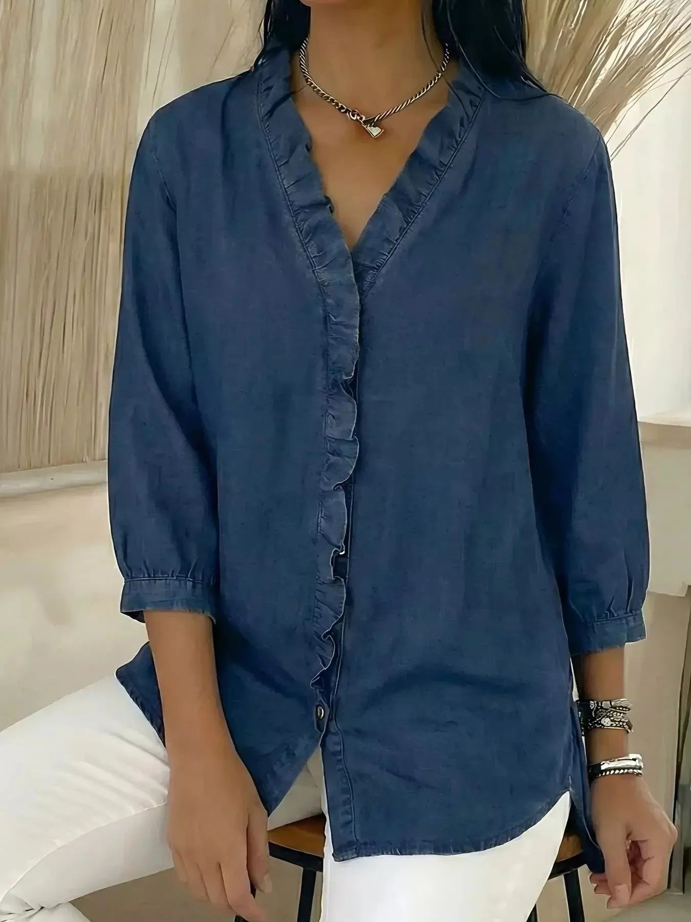 Full Size V-Neck Ruffled Button Down Shirt Plus Size Simply Love