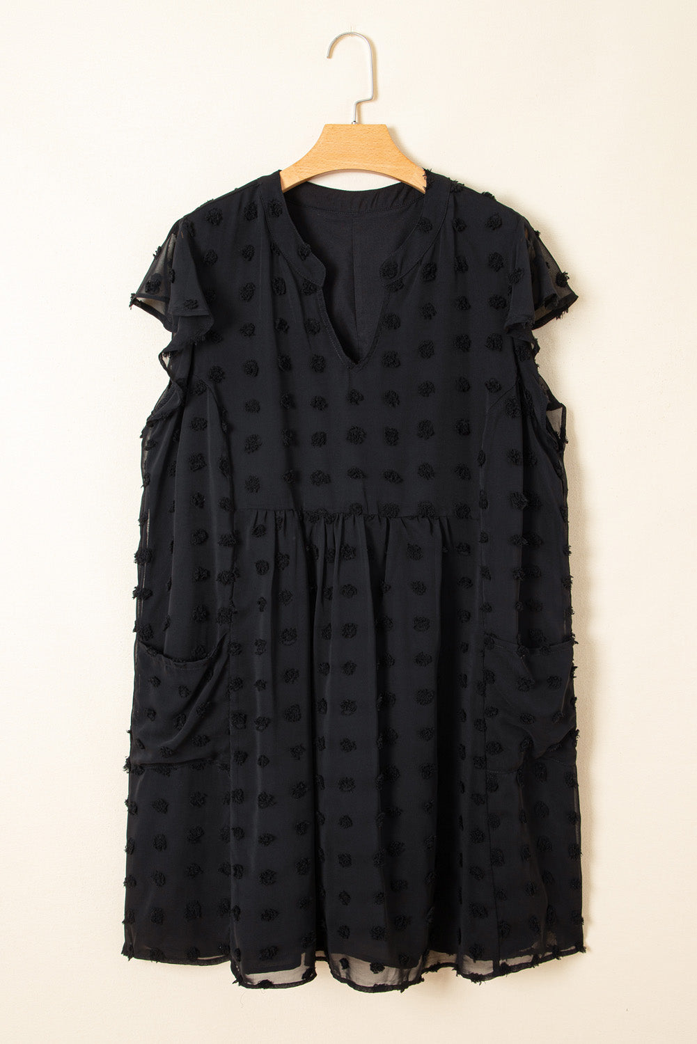 Black Dotty Textured Notched Neck Plus Size Ruffled Dress Dear-Lover Dropshipping