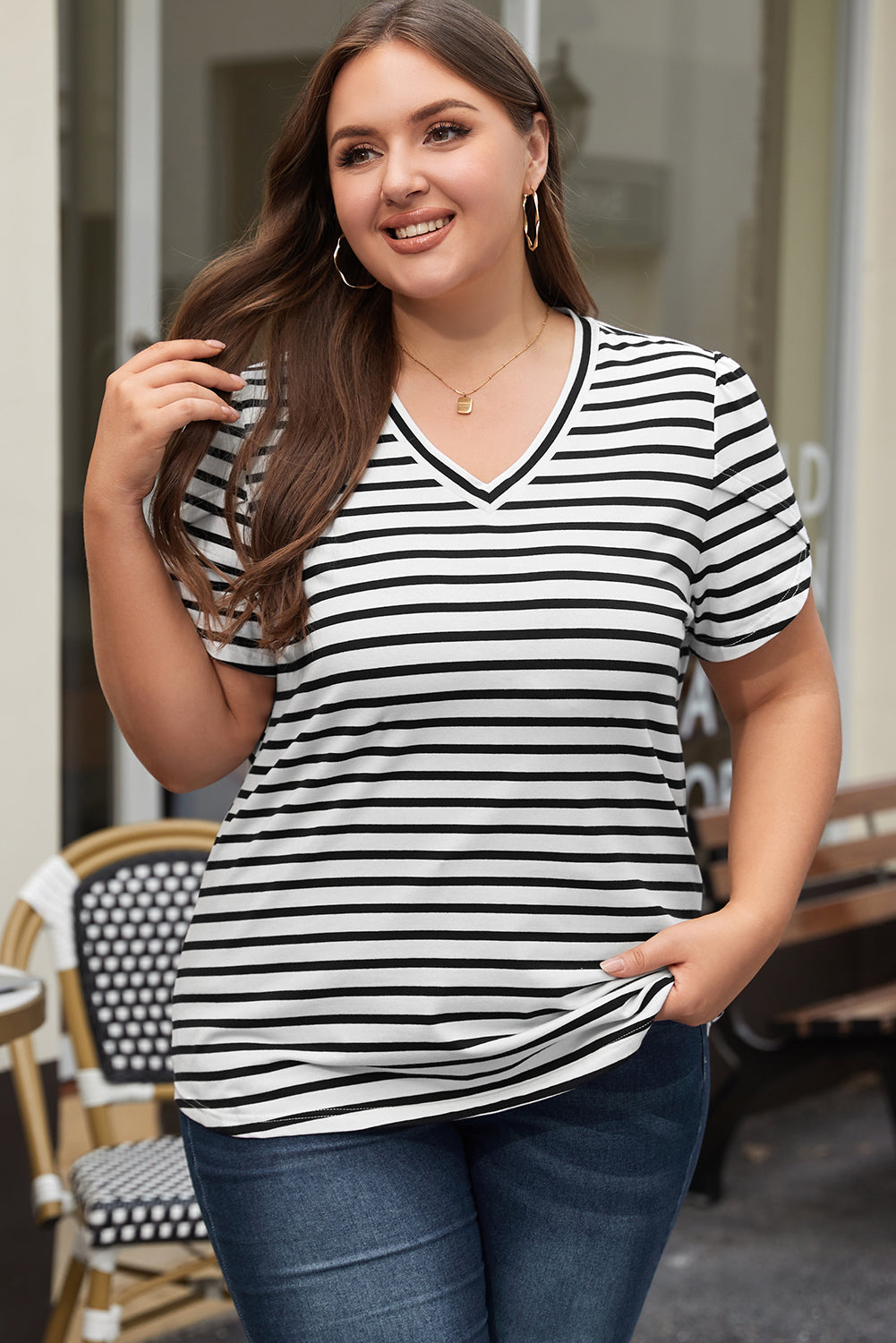 Chic white striped v neck plus size T-shirt with petal sleeves