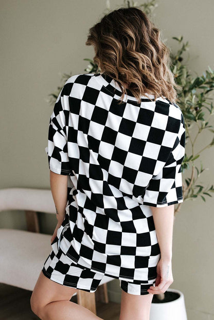 Black Checkerboard Print V Neck Loose Tee and Shorts Set