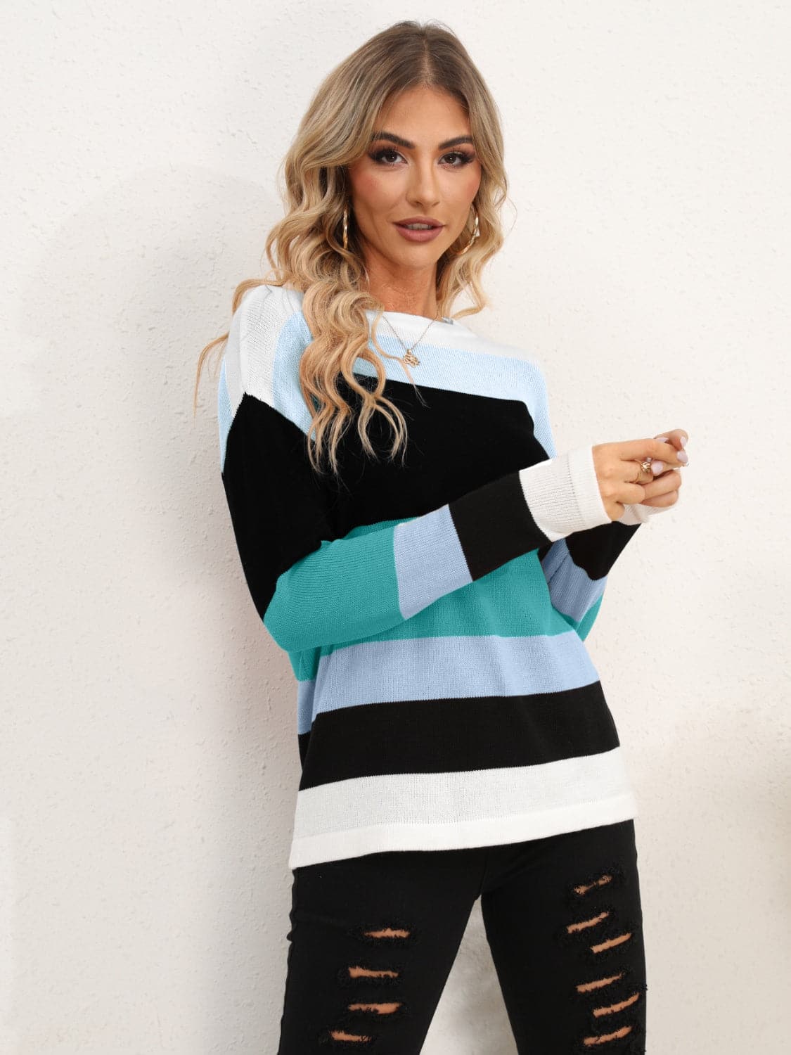 Striped Round Neck Dropped Shoulder Sweater.