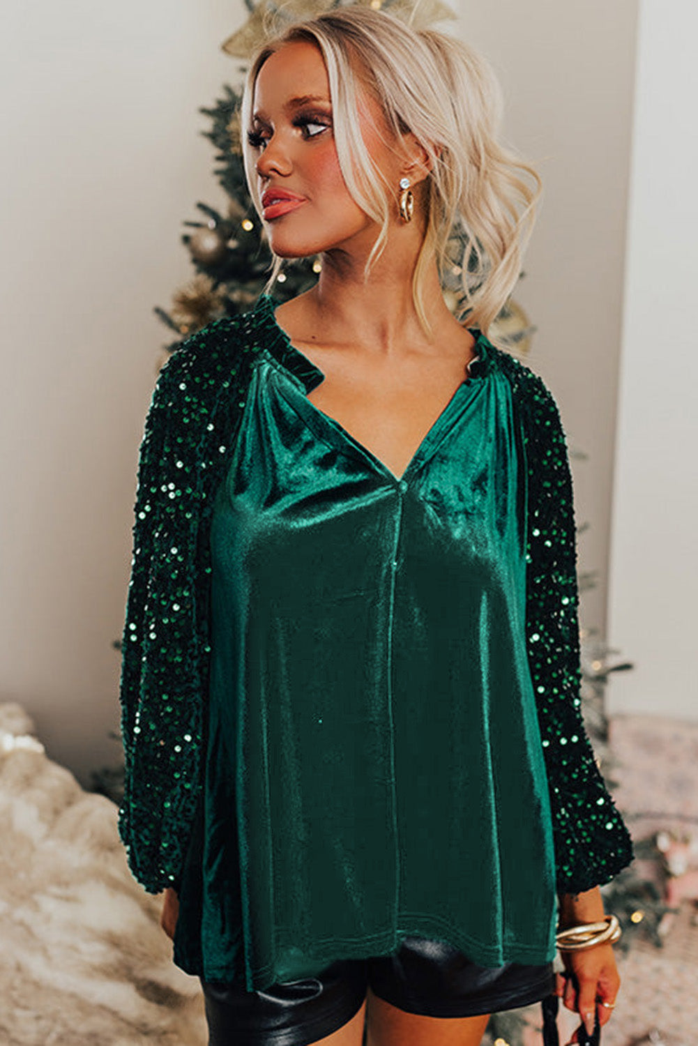 Glamorous velvet top with sequin patchwork sleeves