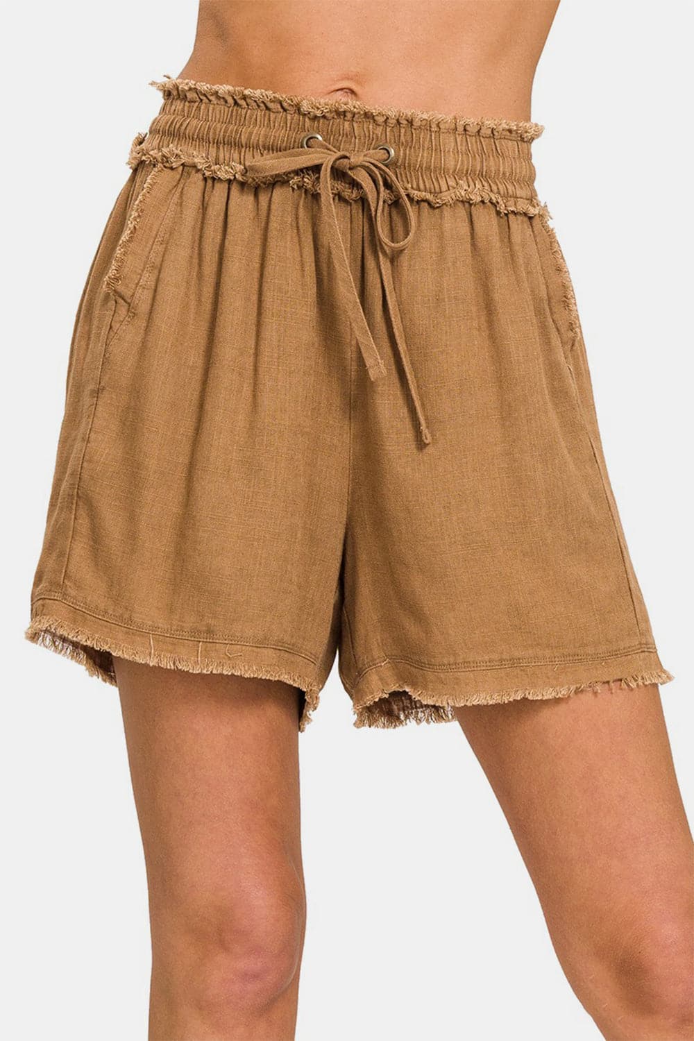 Zenana Washed Linen Frayed Hem Drawstring Shorts.