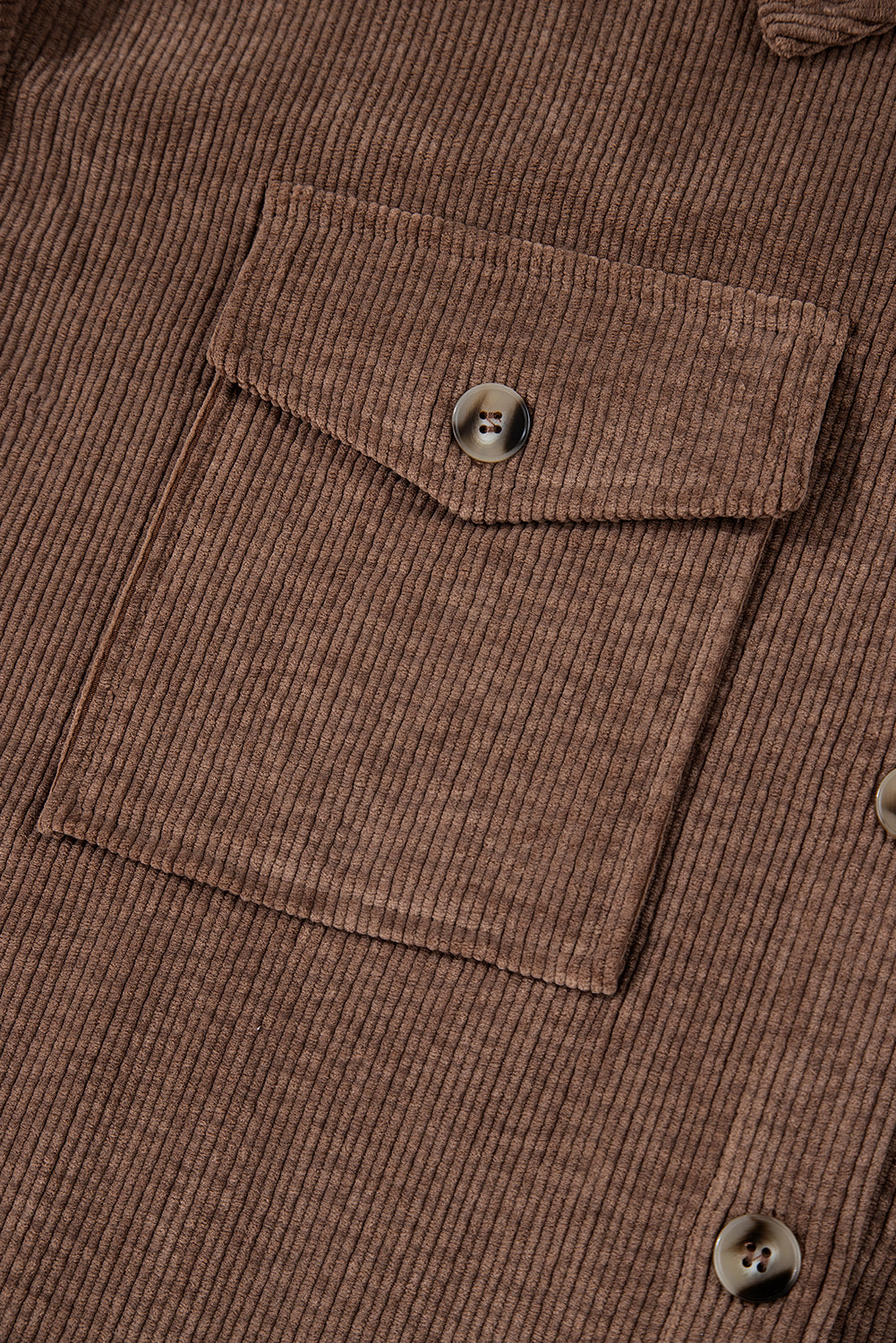 Cozy chestnut corduroy button-up shacket with flap pockets