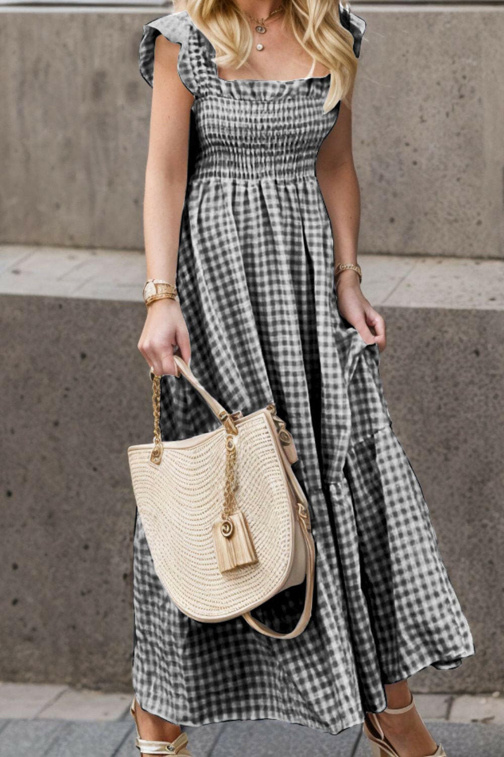 Full Size Smocked Ruffled Plaid Ruffle Hem Dress.