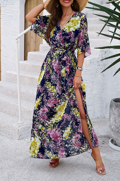 Printed Tied Half Sleeve Slit Dress.