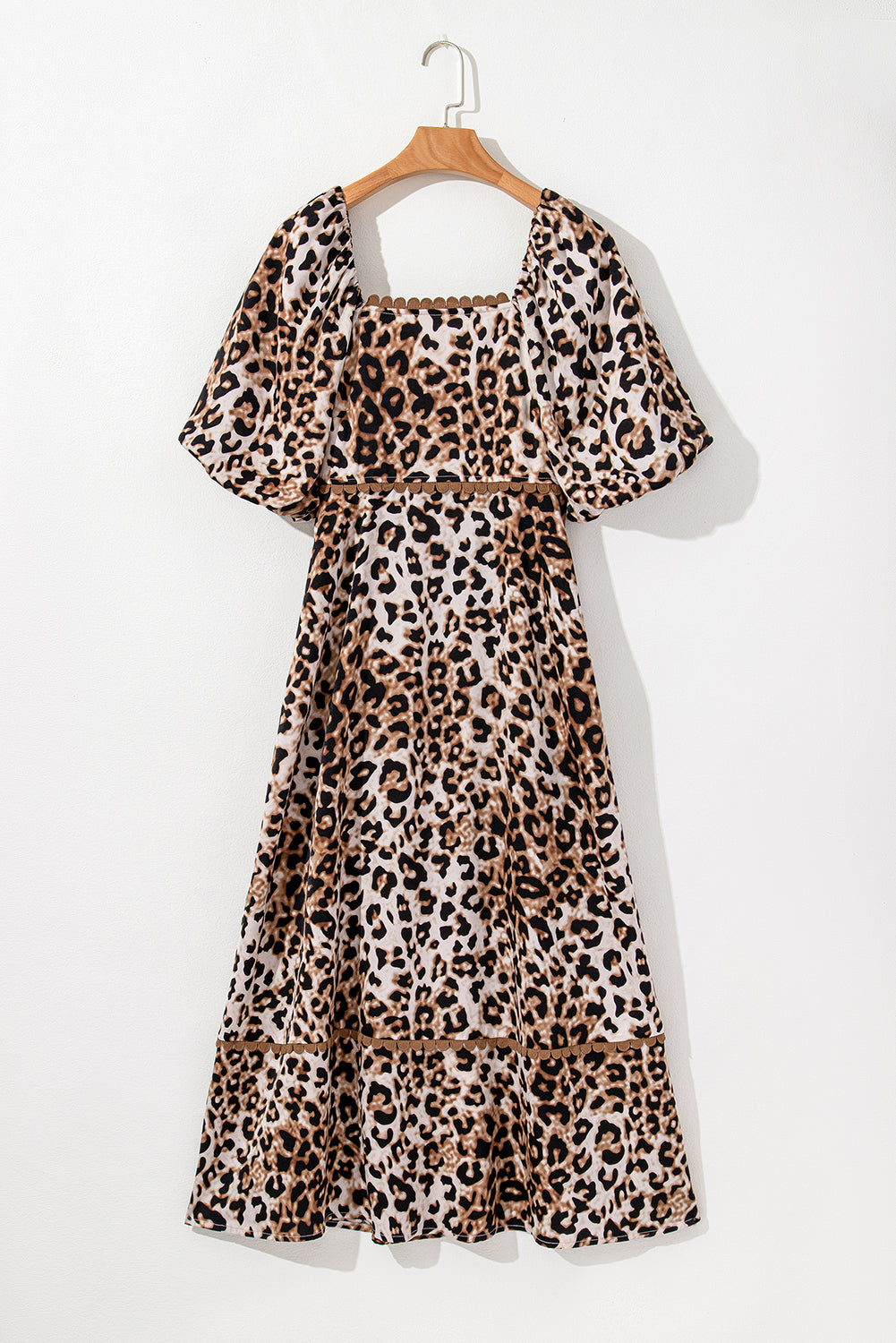 Brown Leopard Print Puff Sleeve Ricrac Maxi Dress Divine Design4U