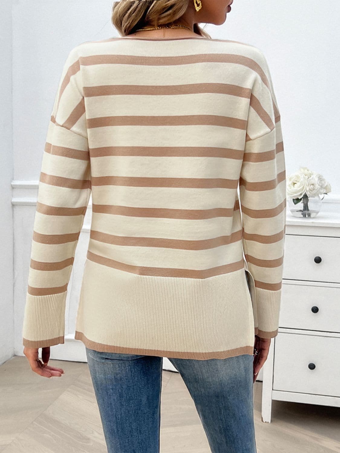 Striped V-Neck Long Sleeve Knit Top.