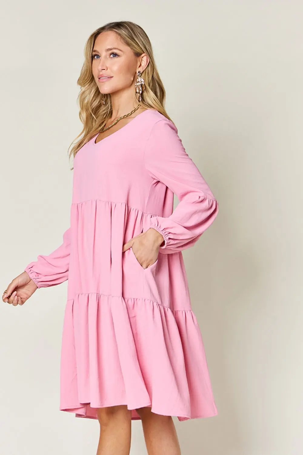 Double Take Full Size V-Neck Balloon Sleeve Tiered Dress - Love Salve