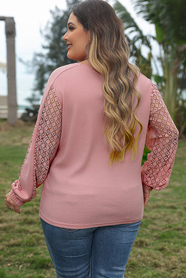 Chic apricot pink plus size lace sleeve textured top