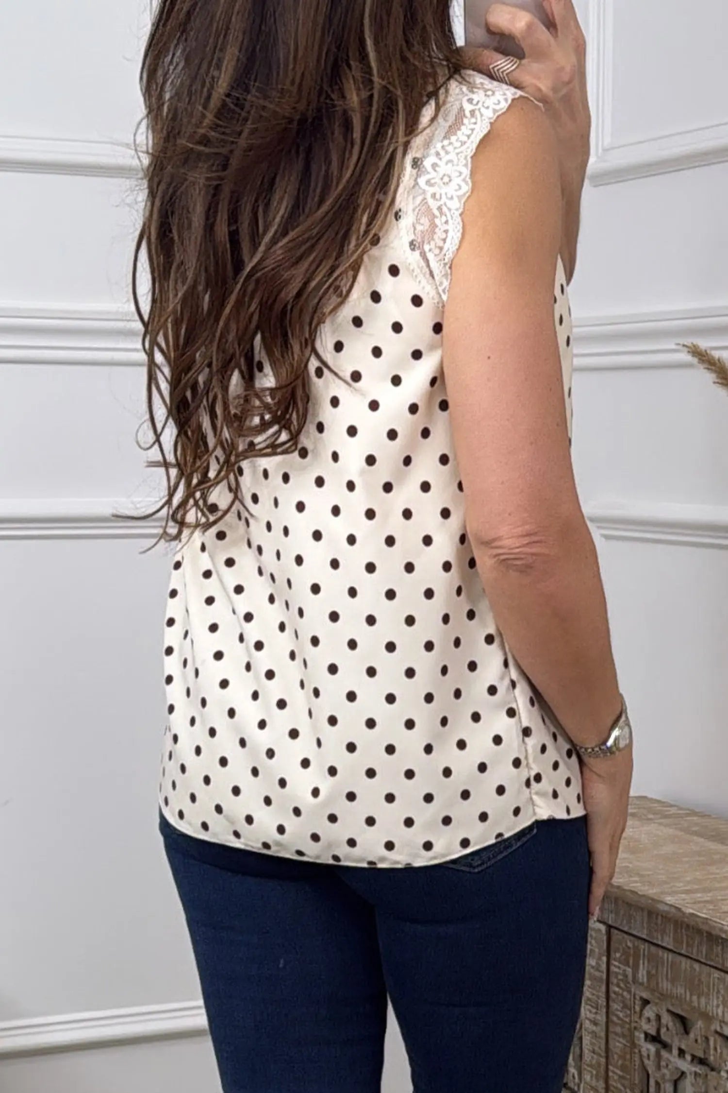 Apricot Plus Size Polka Dot Print Lace Trim V Neck Sleeveless Top Dear-Lover Dropshipping