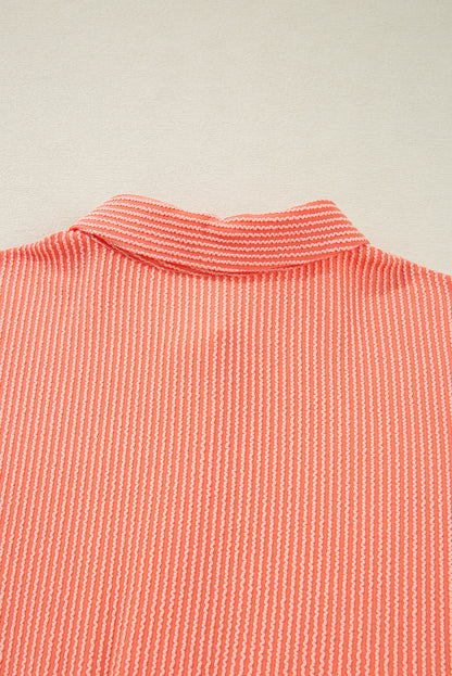 Grapefruit Orange Corded High Low Hem Casual Button-Up Shirt with Half Sleeves