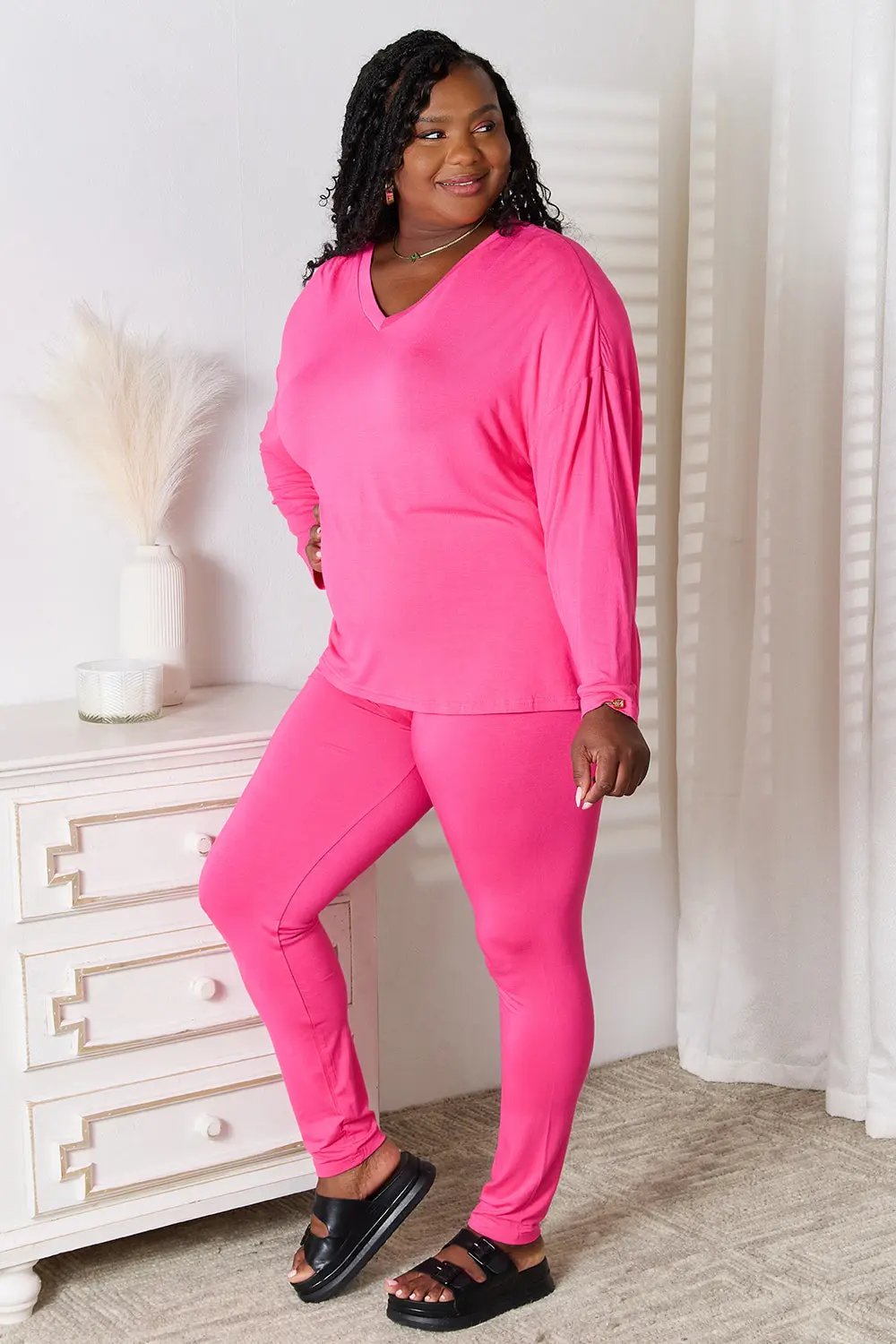 Basic Bae Full Size V-Neck Soft Rayon Long Sleeve Top and Pants Lounge Set - Love Salve