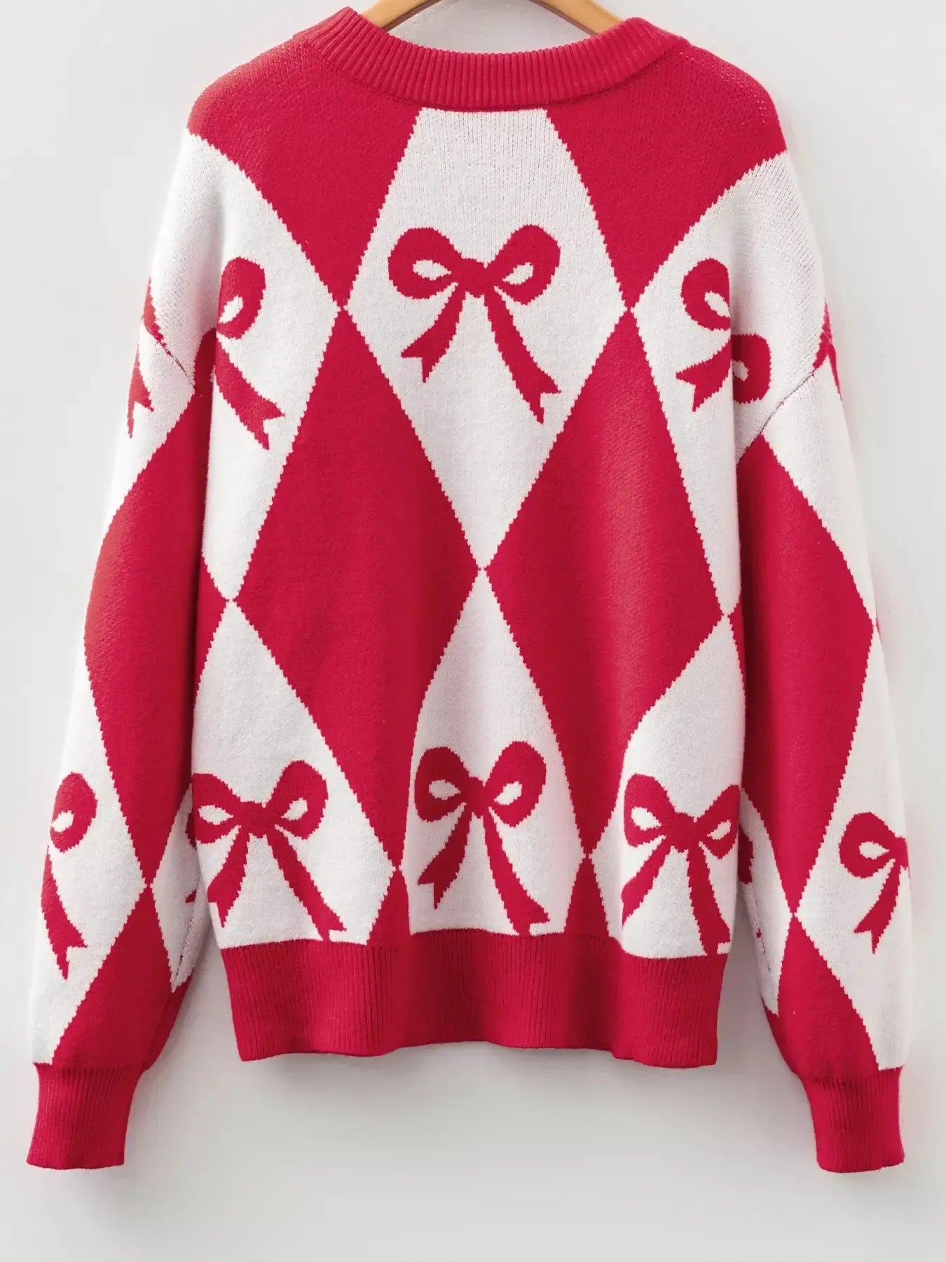 Bow Print 2-Tone Rhombus Knit Loose Sweater Simply Love