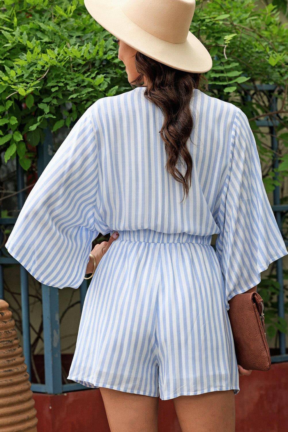 Tied Striped Three-Quarter Sleeve Romper.