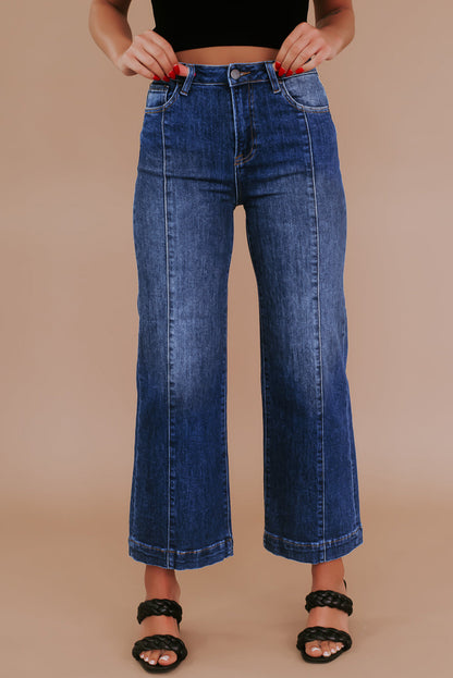 Trendy navy blue plus size high waist wide-leg jeans with seamed detailing