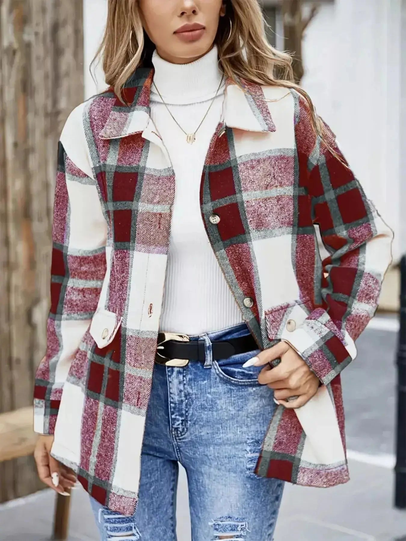 Plaid Button-Up Long Sleeve Shacket Simply Love