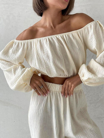 Off Shoulder Long Sleeve Top and Pants Set.