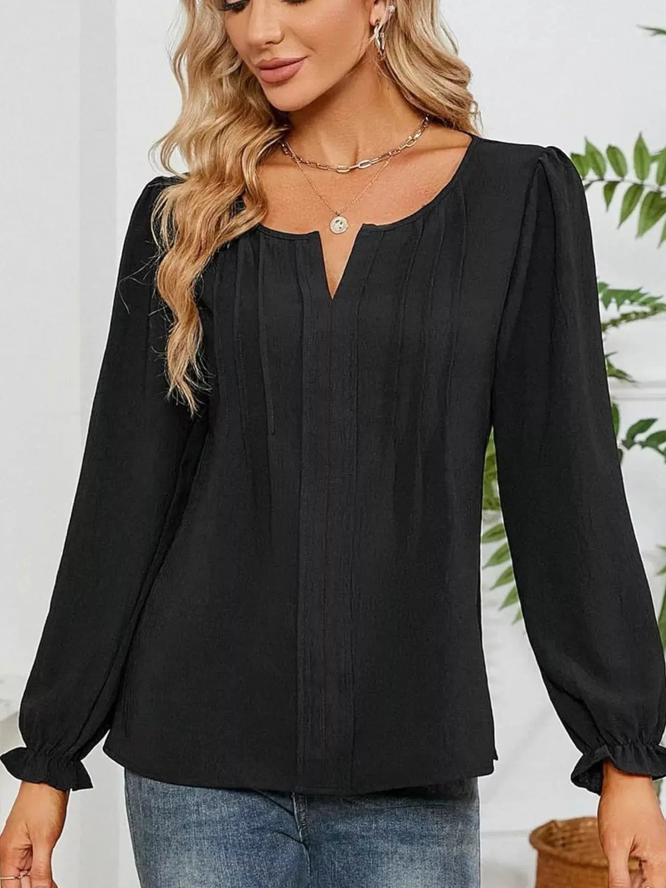 Notched Ruffle Cuff Blouse Simply Love