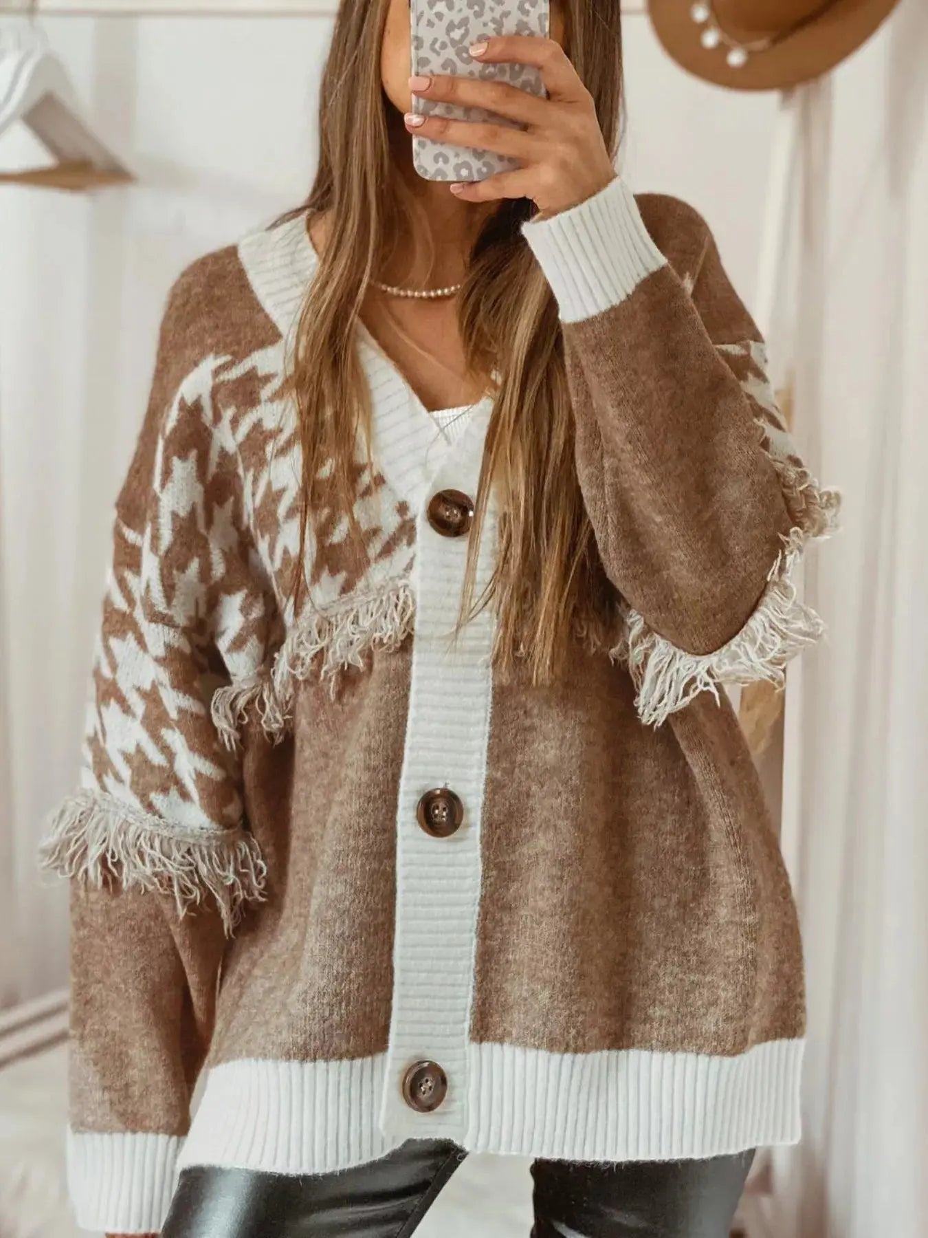 Fringe Trim Button-Up Cardigan Simply Love