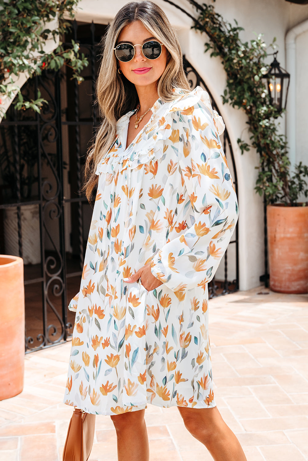 Yellow Floral Print Tie Neck Frilled Long Sleeve Mini Dress Dear-Lover Dropshipping