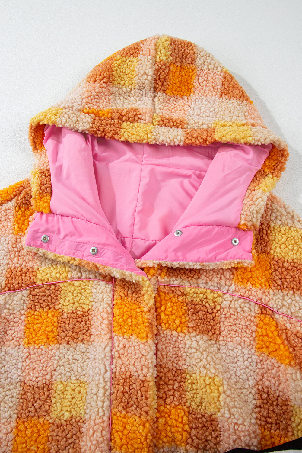 Cozy orange checkered sherpa hooded jacket for stylish warmth