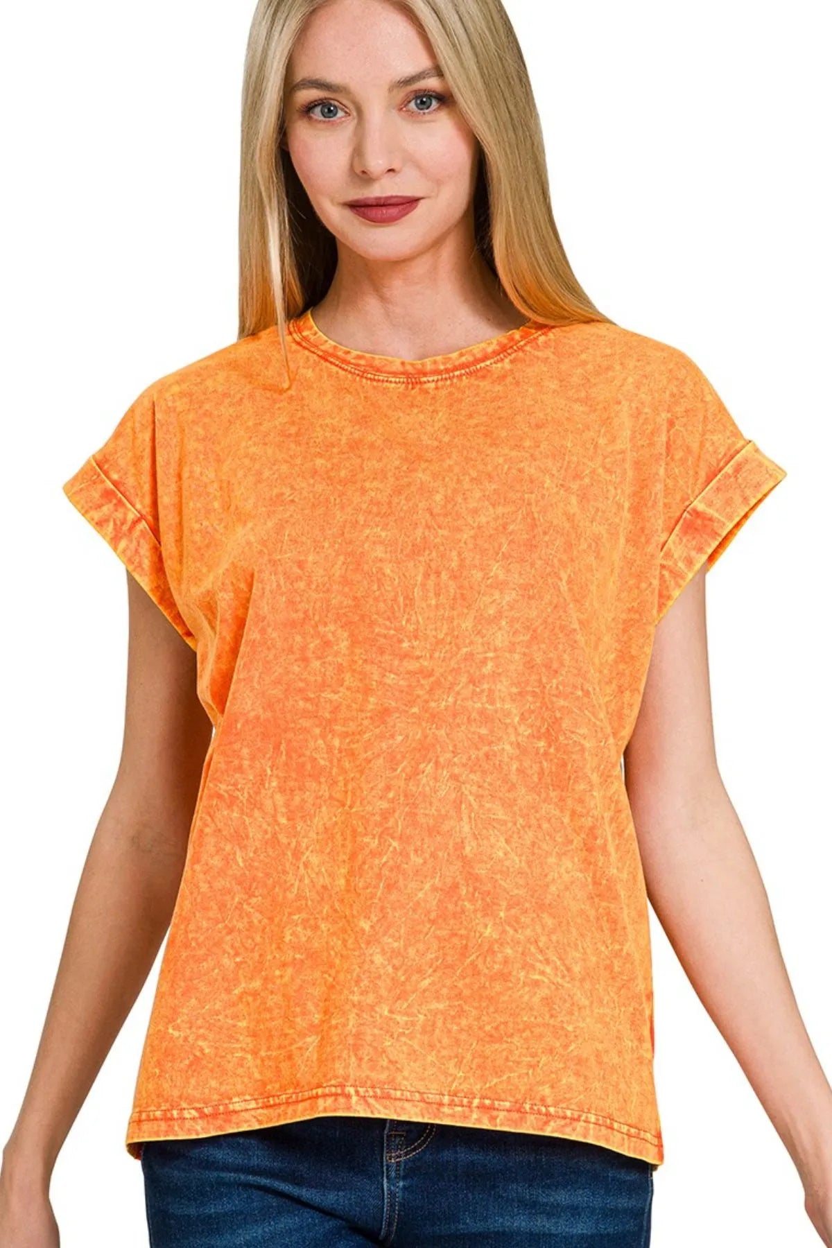 Zenana Crinkle Washed Round Neck Folded Short Sleeve Tee - Love Salve 