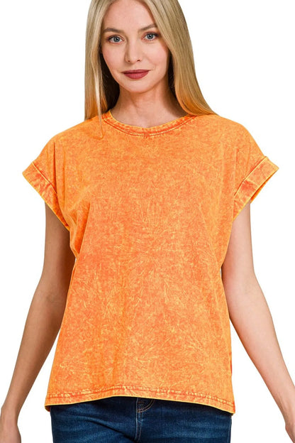 Zenana Crinkle Washed Round Neck Folded Short Sleeve Tee - Love Salve 