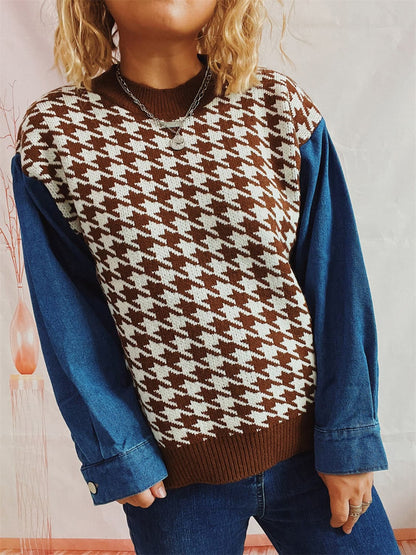 Houndstooth Denim Sleeve Sweater.