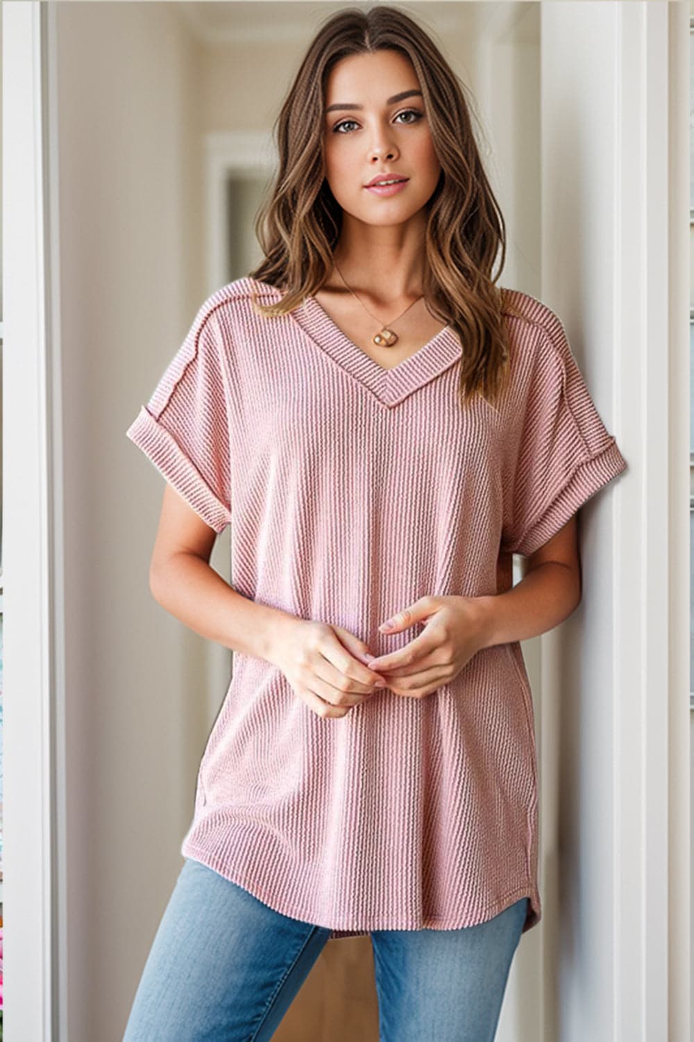 Textured V-Neck Short Sleeve Top.