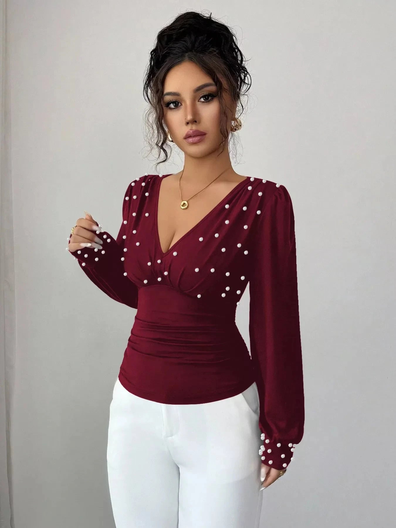 Burgundy Pearl Embellished Ruched V Neck Blouse With Long Sleeves Simply Love