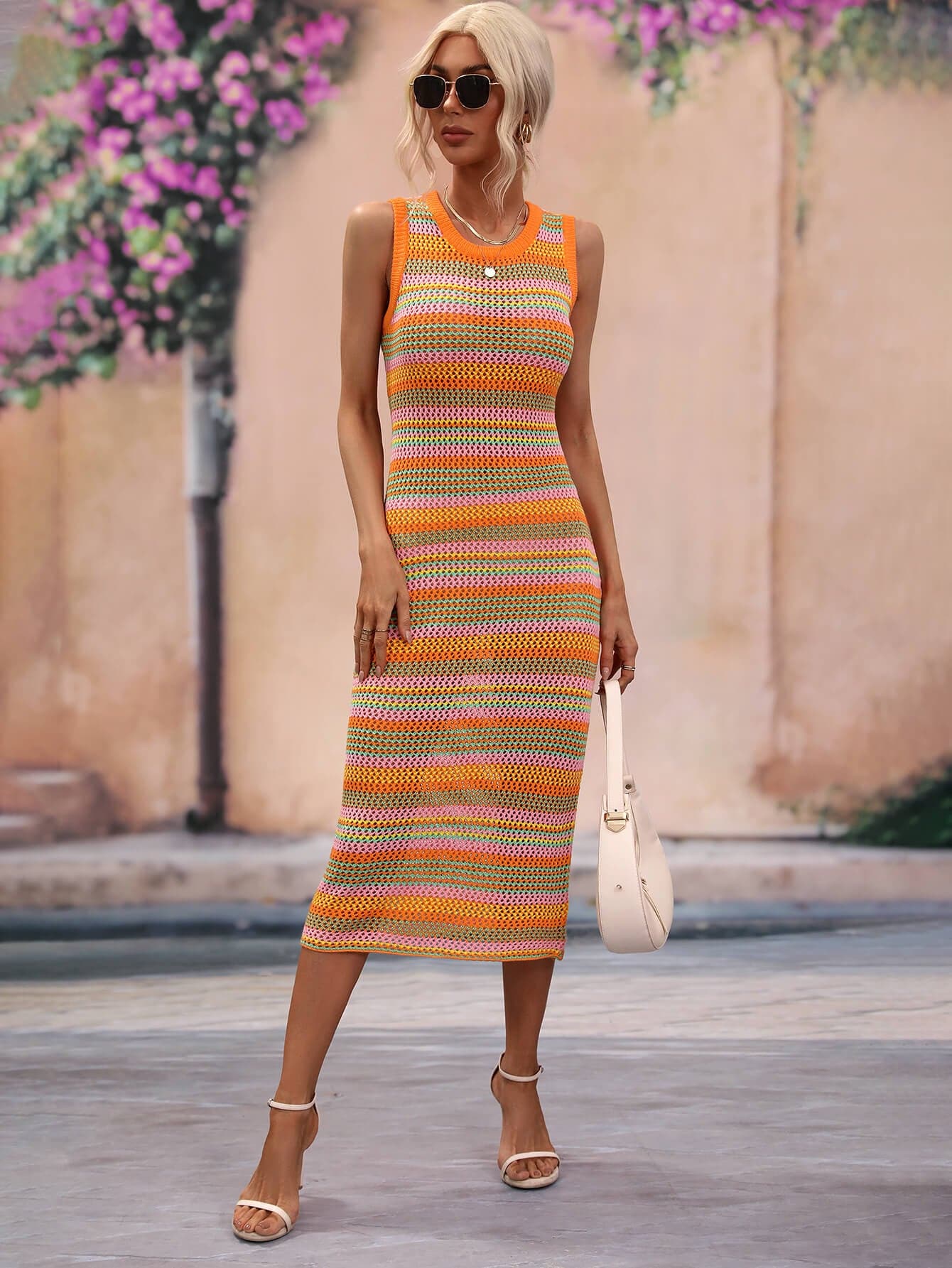 Striped Round Neck Sleeveless Midi Cover Up Dress.